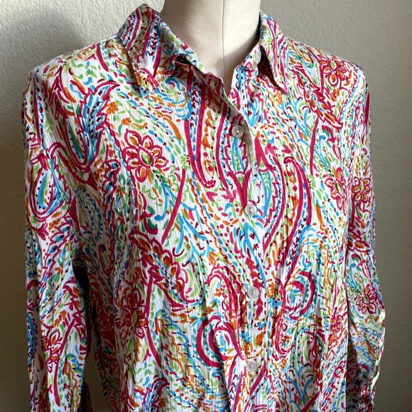 Appleseed multi color cotton button down long sleeve blouse womens Large lilly - Picture 2 of 6
